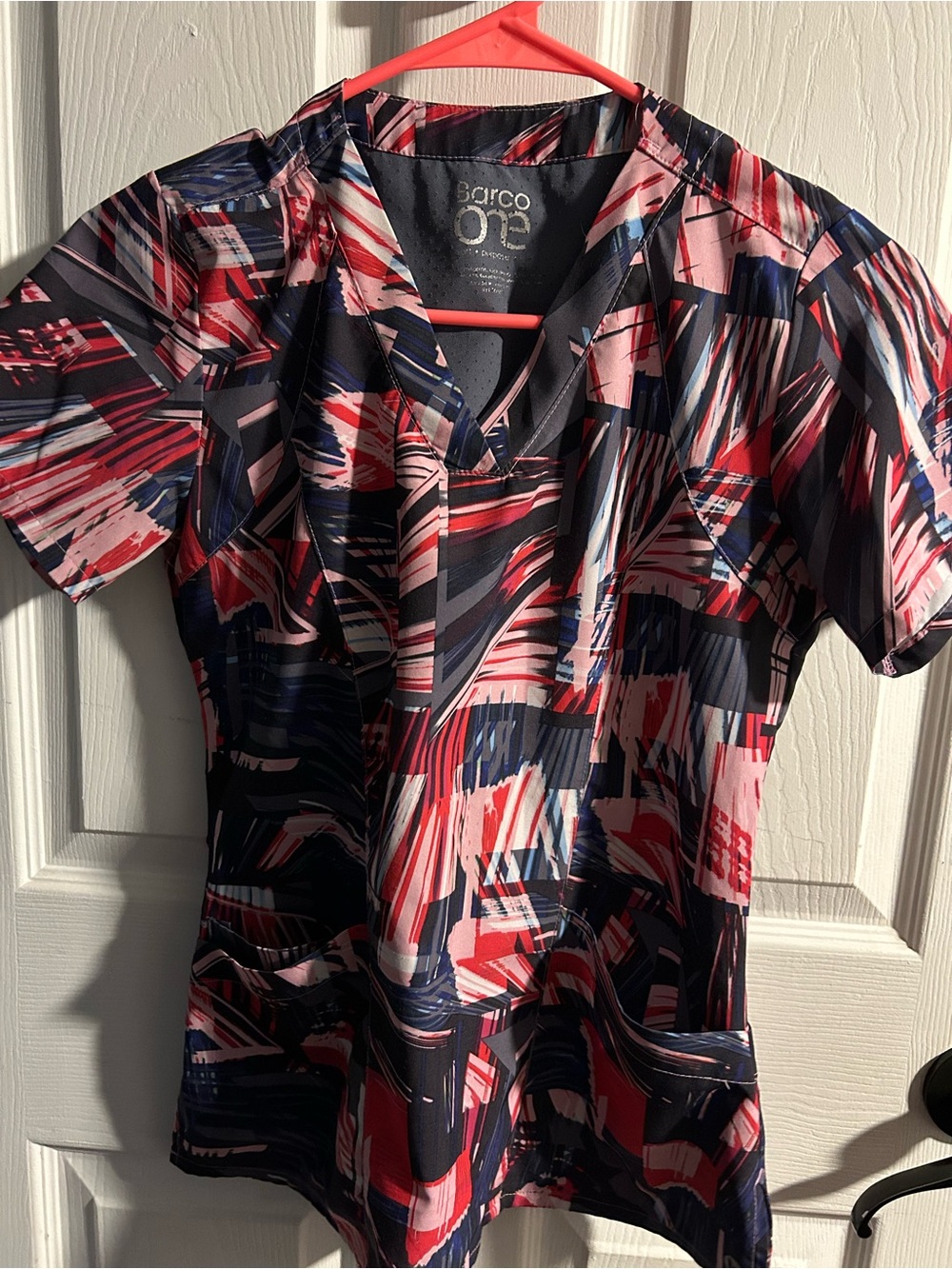 Barco Uniforms Short-Sleeve Abstract Print Scrub Top - Navy, Red & Pink
